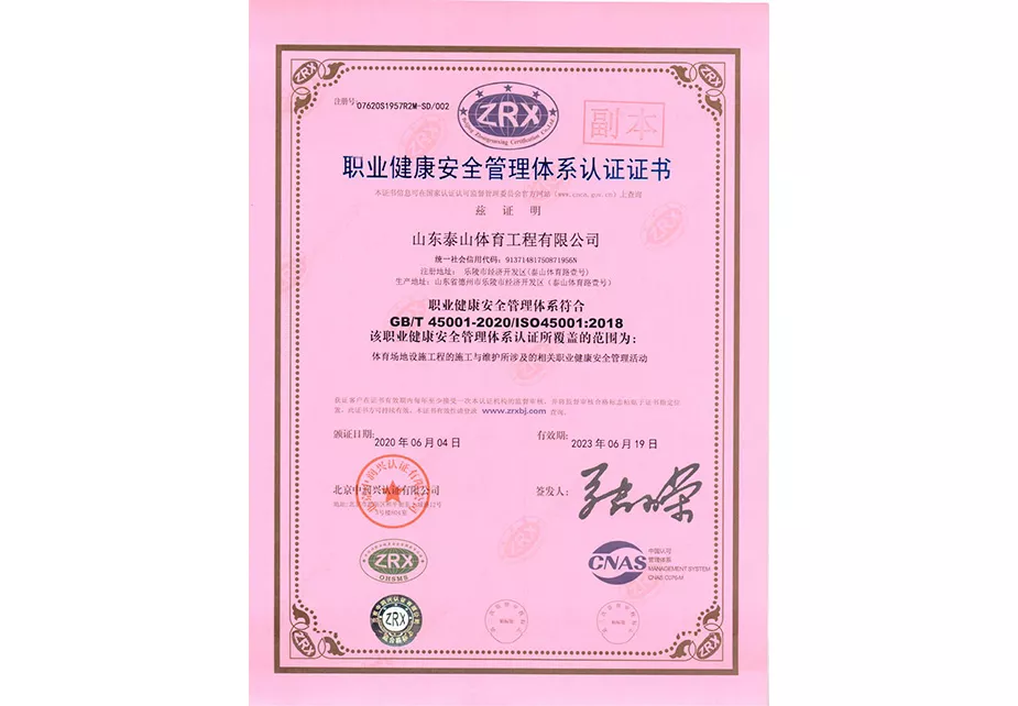2020年职业健康安全管理体系认证证书